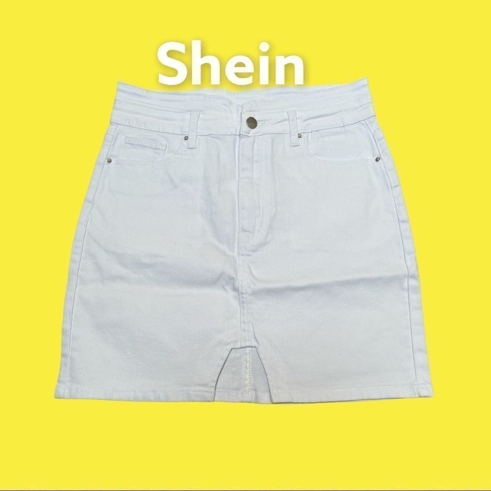 Shein split‎ hem white bodycon jean skirt size leg, denim mini skirt